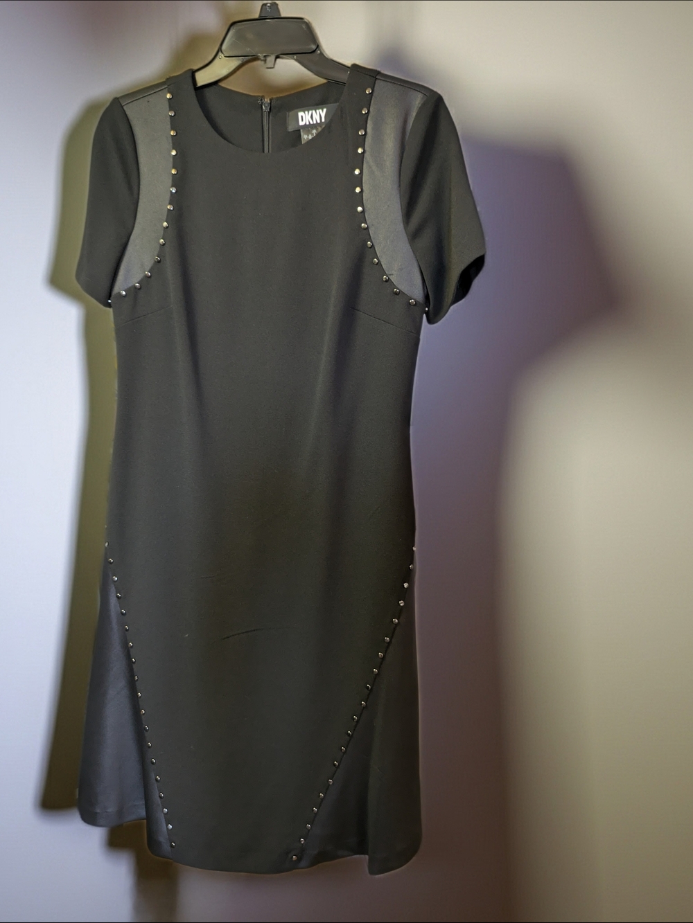 DKNY Black Short Sleeve Stud-Trim Mini Dress